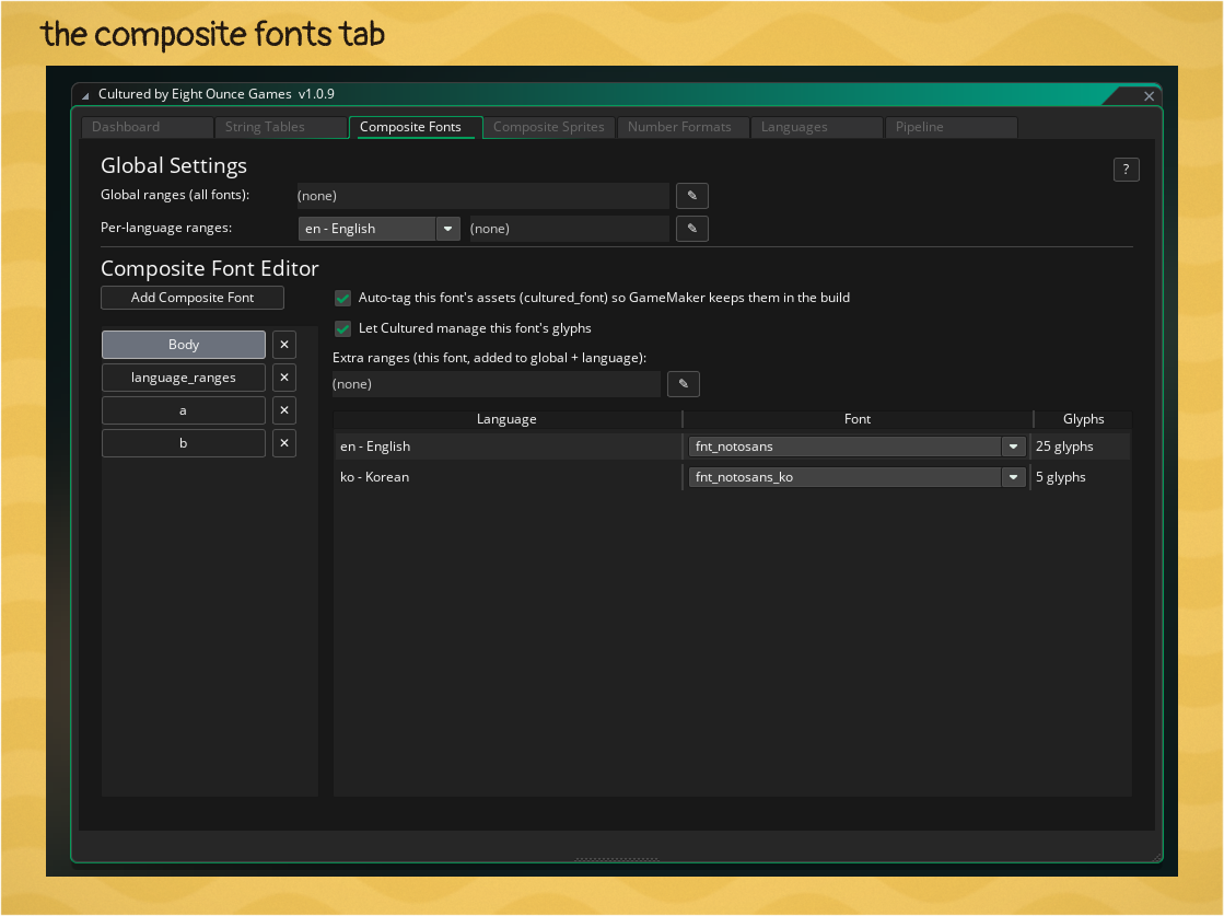 The Composite Font tab in the Cultured Dashboard
