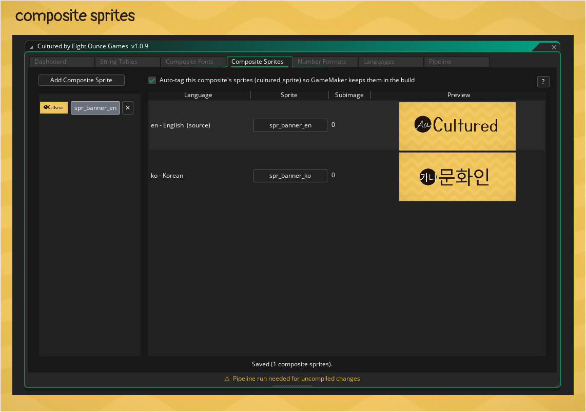 The Composite Sprites tab in the Cultured Dashboard