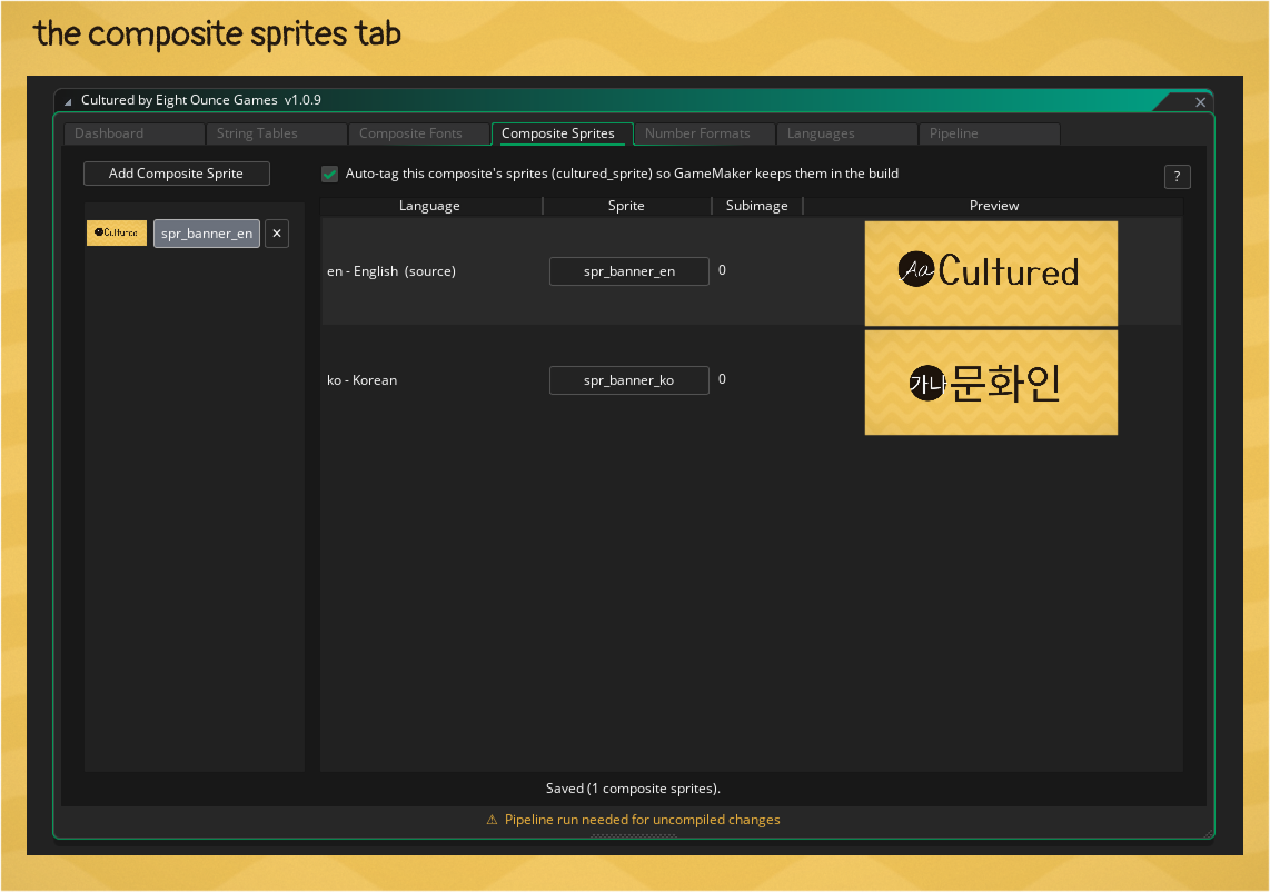 The Composite Sprite tab in the Cultured Dashboard